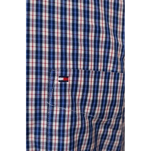 Tommy Hilfiger Mens Medium Blue Red Plaid Short Sleeve Button Down Logo Shirt - Picture 2 of 11